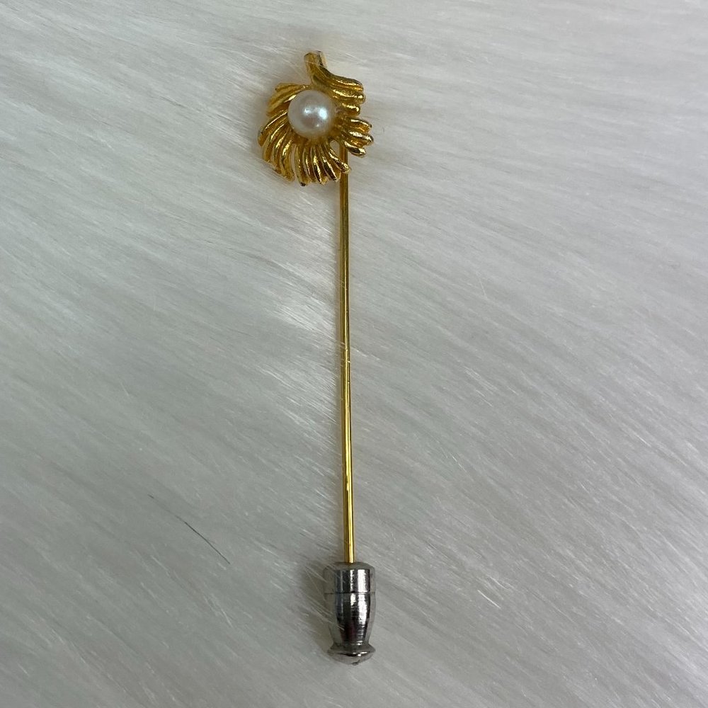 Vintage Gold Tone Art Deco Faux Pearl Leaf Stick Pin